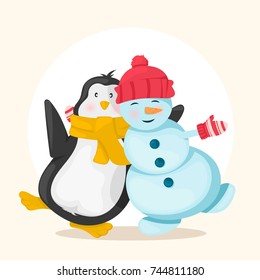 Funny snowman in a red hat and penguin in yellow scarf standing together