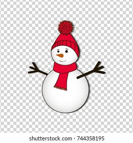 Funny snowman in a red hat  and scarf on a transparent background. Vector illustration. EPS 10