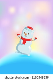Funny snowman in red scarf dancing among bright lights. Christmas card. Colorful flat vector illustration. Isolated on white background.