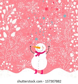 Funny Snowman with red scarf on floral background. Winter concept card in cartoon style in pink colors