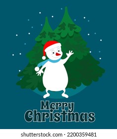 Funny snowman in a red scarf waves hello near the Christmas trees. Merry Christmas text. Christmas scene for postcard in cartoon flat style.
