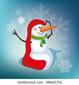 Funny snowman with a red sock on his head, vector cartoon illustration.