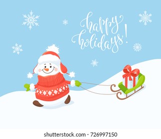 Funny snowman in red sweater and hat with gift on sled.  Happy holidays vector illustration.