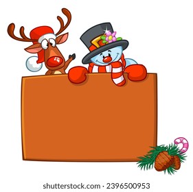 Funny snowman and reindeer holding white page. Greeting Christmas card, vector illustration isolated