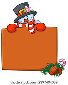 Funny snowman and reindeer holding white page. Greeting Christmas card, vector illustration isolated