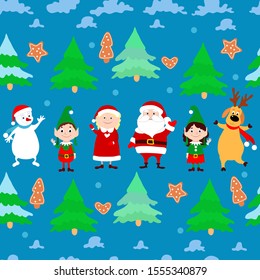 Funny snowman, Santa Claus, Mrs. Santa, elves, dancing deer, spruce, gingerbread cookie and clouds on a blue background. Christmas vector seamless pattern for design of packages, backgrounds.