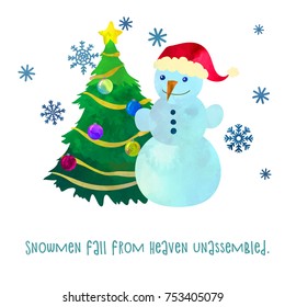 Funny snowman in santa hat with Christmas tree. Cartoon clip art illustration on isolated background. Watercolour imitation. Holiday poster or postcard design.