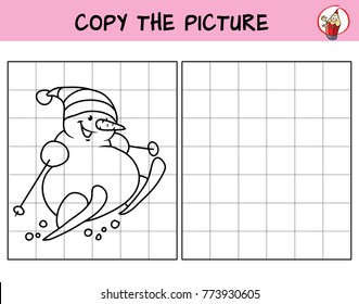 Funny snowman skiing. Copy the picture. Coloring book. Educational game for children. Cartoon vector illustration