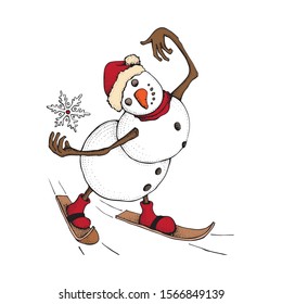 Funny Snowman skiing. Cute winter holiday. Character in a hat and knitted scarf catches a snowflake. Hand drawn doodle illustration isolated on white background. Merry Christmas and happy new year.