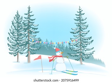 Funny Snowman Skiing In Red Scarf And Hat. Winter Landscape. Fir Trees With Decorative Flags. Snowdrift and Forest Far Away. Christmas greeting card. Vector illustration. 