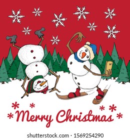 Funny Snowman skiing and Snowman upside down. The character with a smartphone takes a selfie. Merry Christmas and New Year card invitation banner template. Pine forest and snowflakes.