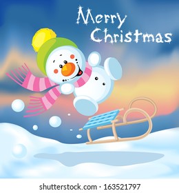 funny snowman sledding