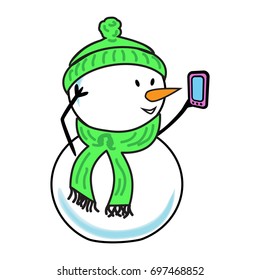 A funny snowman with a smartphone. Vector illustration. Congratulations on line. Christmas. Isolated on white background without shadow.
