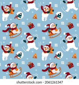 Funny snowman. Snow angel. Snowflakes. Christmas illustration. Kids print. Seamless pattern for  fabric, wrapping, textile, wallpaper, apparel. Vector.