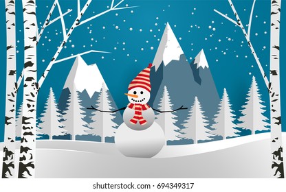 funny snowman and snow forest. pine trees and mountain in winter. paper art