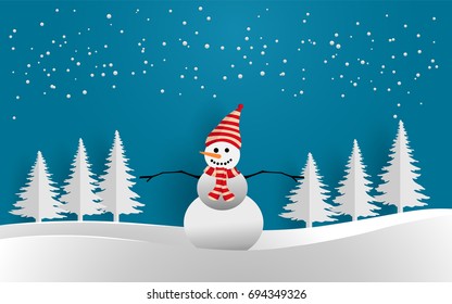 funny snowman in snow forest. winter. paper art