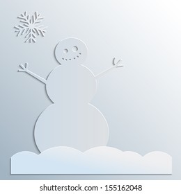 Funny snowman and snowflake on gray background, paper look
