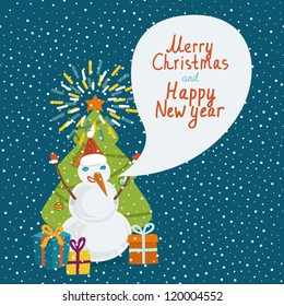 Funny snowman with speech bubble.