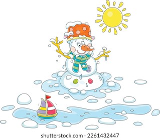 Funny snowman with a spotted kitchen pan, a carrot and a striped scarf thawing in a puddle and welcoming a small toy sail boat floating down a stream on a warm spring day, vector cartoon clipart