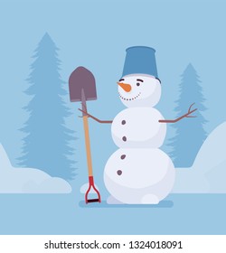Funny snowman standing with spade. Classic three-ball carrot nosed snow model wearing bucket standing outdoors, cute smiley face, kids winter fun and holiday symbol. Vector illustration