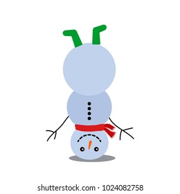 A funny snowman stands upside down. flat vector illustration isolated on white background