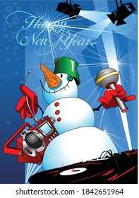 funny snowman with a tape recorder and a microphone, vector
