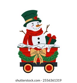 Funny snowman in train carriage. Christmas character for cards, posters, prints. Flat illustration on white background.