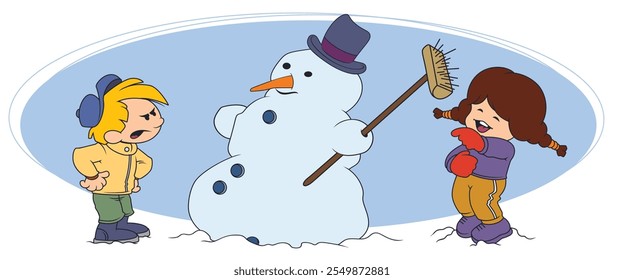 Funny snowman and two kids in winter. Funny people. Illustration concept template for website, web landing page, banner, presentation, social, poster, promotion or print media.