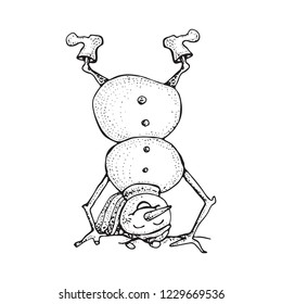 Funny Snowman upside down in  sketched style. Cute winter holiday icon. Black line ink person in hat and knitted scarf. Vector hand drawn doodle illustration isolated on white background