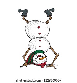 Funny Snowman upside down in  sketched style. Cute winter holiday icon. Black line ink person in hat and knitted scarf. Vector hand drawn doodle illustration isolated on white background