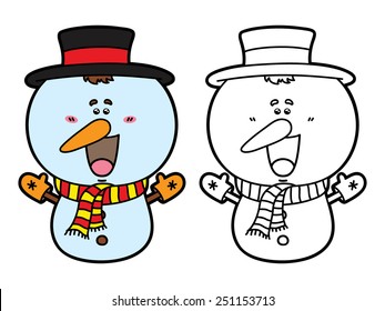 funny snowman. Vector illustration coloring page of happy cartoon snowman for children and scrap book