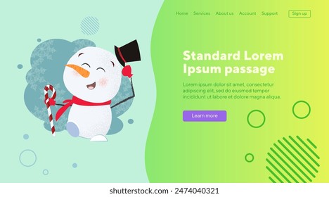 Funny snowman vector illustration. Drawing of snowman in black cylinder hat holding candy cane. Christmas, holiday, festive concept can be used for banner, web design or landing page