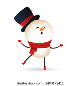 Funny snowman wearing black hat and red scarf. Cute snow man singing and dancing. Christmas concept. Realistic vector illustration for winter holidays, presents, festive event