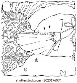 Funny snowman in a white medical face mask. Winter. Merry Christmas, Happy New Year. Novel coronavirus (2019-nCoV). Pattern for adult coloring book. Black and white.