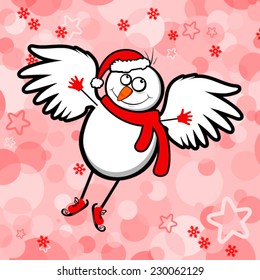 funny snowman with wings flying
