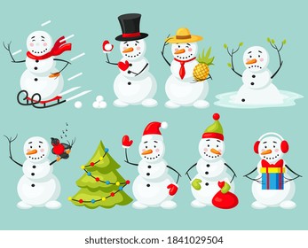 Funny snowman winter Christmas character wearing hat, scarf and mitten playing, melting, skiing, giving gift, decorating xmas fir tree, singing song with bird vector illustration isolated set