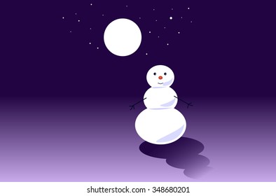 Funny snowman winter night with a full moon. Vector illustration