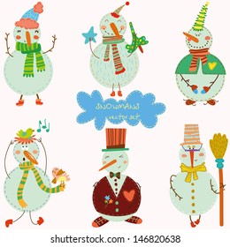 Funny snowmans. Cartoon vector set