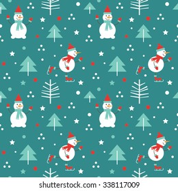 Funny snowmans. Christmas seamless pattern.