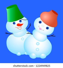 Funny Snowmen, a bucket On the head, a pot. Christmas, New year. Blue.Vector