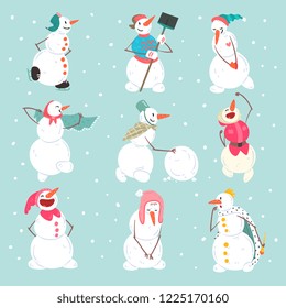 Funny snowmen characters set in different situations, Christmas and New Year holidays decoration elements vector Illustration