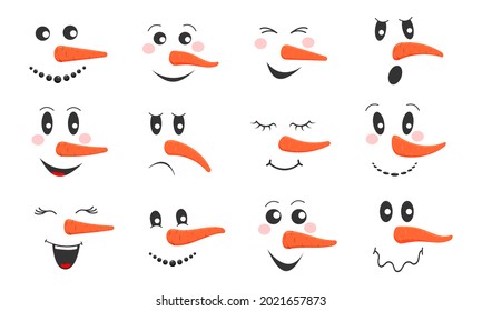 Funny Snowmen Faces Set. Collection Of Cute Snowman Heads With Different Emotions And Carrot Noses. Winter Holidays Design. Vector Cartoon Illustration.