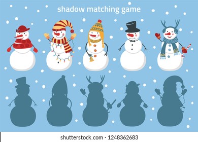 Hombres de nieve divertidos. Encuentre la sombra correcta. Aprendiendo a jugar a los niños.