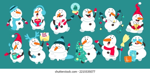 Funny snowmen flat icons set. Typical winter Christmas decorations. Snowman with broom, letter and hot tea. Evergreen tree with toys, presents and sweets for celebration. Color isolated illustrations
