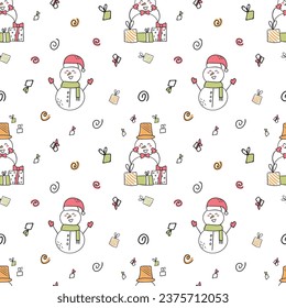 Funny snowmen with gifts. Seamless doodle illustration. For fabric, wrapping paper or wallpaper. Hello winter