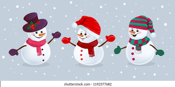 Funny snowmen in hats, scarfs and mittens on snowy background.  Merry Christmas vector illustration.