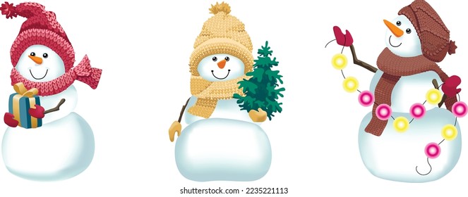 Funny snowmen in knitted hats. Vector  illustration