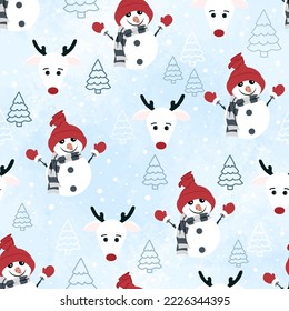 Funny snowmen in red hats and reindeer on a winter watercolor background. Christmas seamless pattern for wrapping paper and greeting cards.
