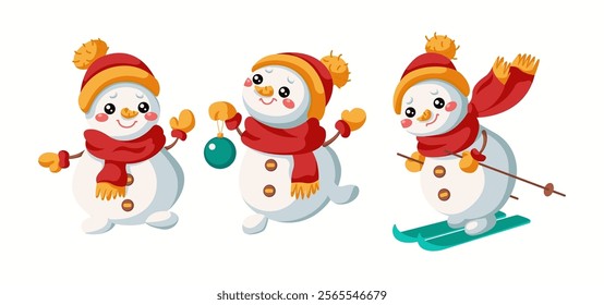 Funny snowmen in scarfs holding bauble and skiing flat color vector icon set. Winter season traditional characters pack on white background