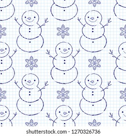 Funny snowmen. Seamless pattern of scrawl. Careless scratchy pen or pencil doodles. Vector illustration. Can be used for wallpaper, textile, invitation card, wrapping, web page background.